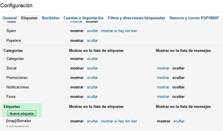 administrar etiquetas en gmail